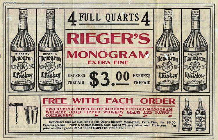 A flyer advertising Rieger's Monogram Extra Fine Whiskey, from Jacob Rieger & Co. of Kansas City, MO.  The date is unknown.