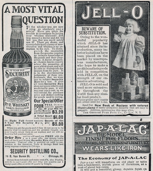 Advertisement for Security Rye Whiskey that appeared in The National Magazine, 1904. The whiskey ad appears alongside one for Jell-O.
