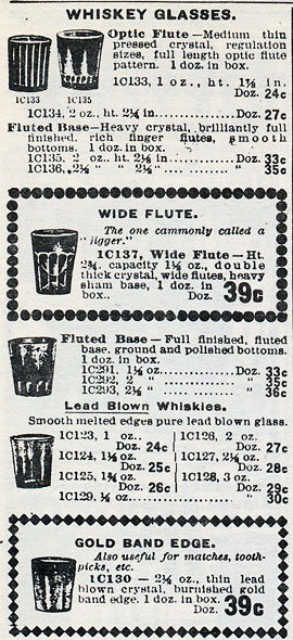 A panel from a 1910 Butler Bros glass catalog showing pricing information for several styles of blown whiskey glasses.