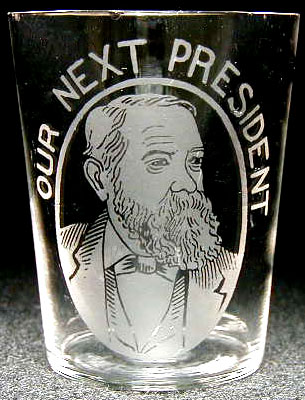 Benjamin Harrison campaign or souvenir shot glass, ca. 1888