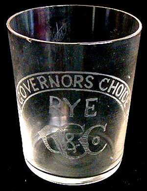 A very early acid-etched Governor's Choice Rye shot glass